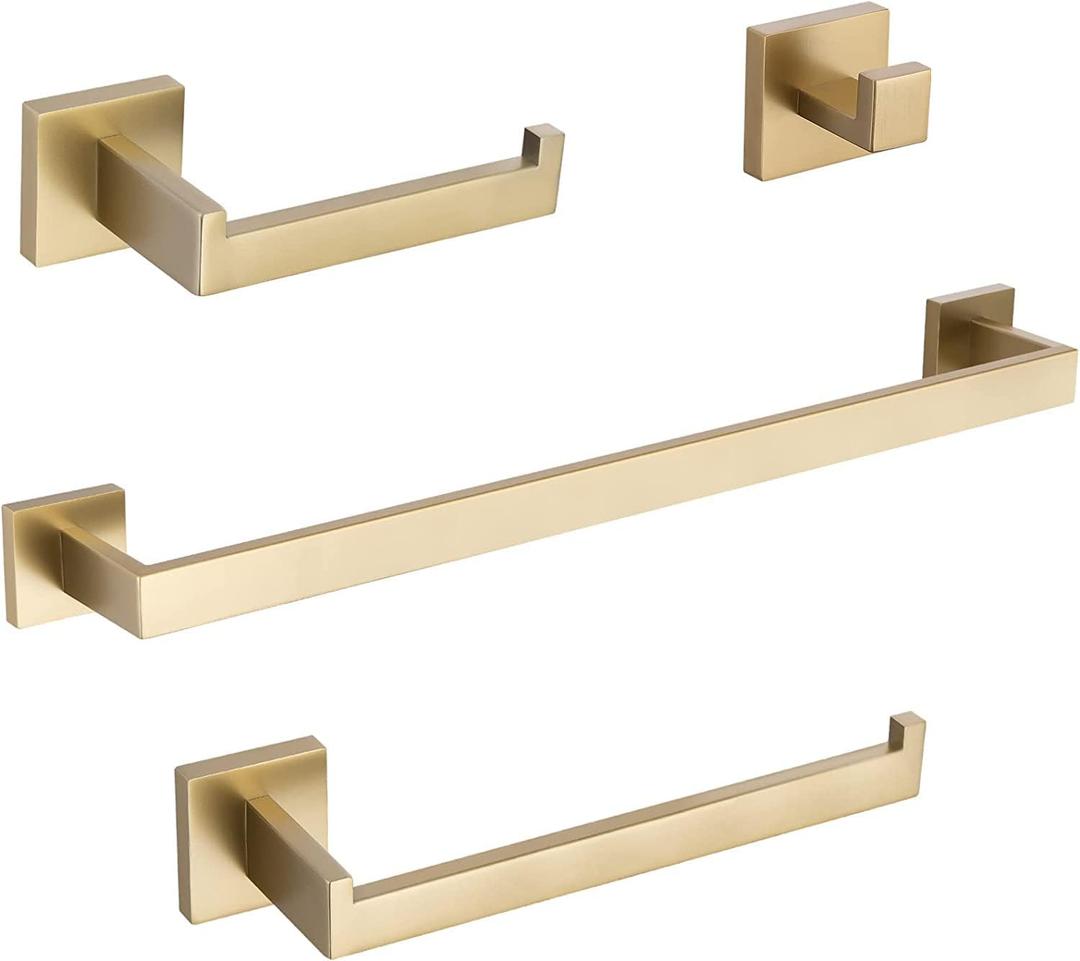 TURS Brushed Gold 4-Pieces Bathroom Hardware Set Towel Bar Set Include 16 Inch Single Towel Bar Towel Holder Toilet Paper Holder Towel Wall Mounted Robe Hook, Stainless Steel
