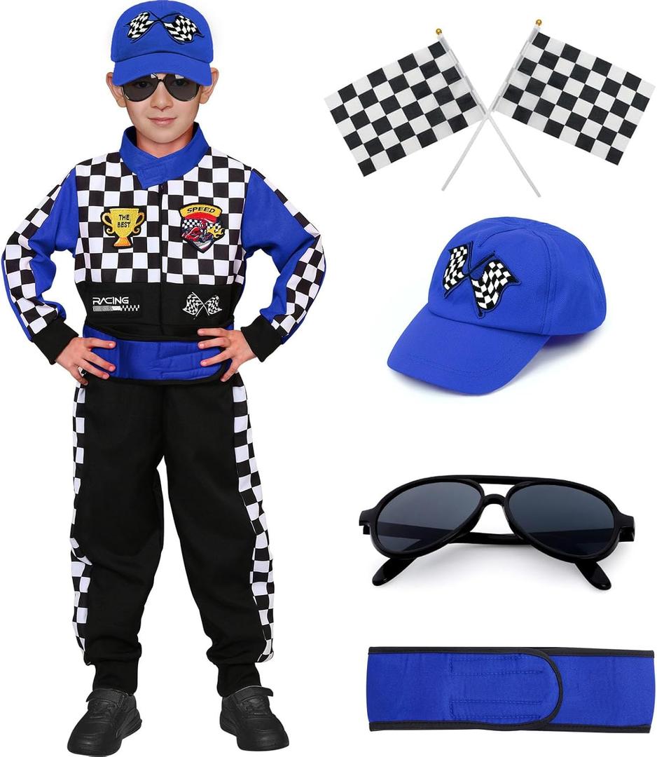 Latocos Kids Race Car Driver Costume Boys Girls Racer Jumpsuit With Car Cap Sunglasses Kids Dress Up Role Play for Halloween (M(7-9), Blue)