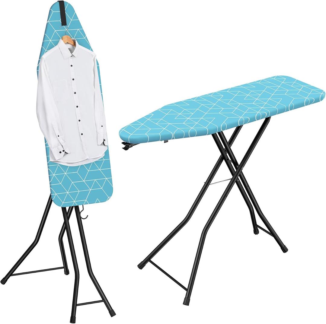 LyriFine Ironing Board, 2-in-1 Flat and Hanging Board, Sturdy Steel Frame Iron Board with Non-Slip Feet, Heat Resistant Cover Iron Board, Foldable Ironing Board Full Size with Hook, 14 x 43 Blue