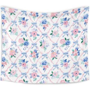 WARDOS Coquette Pink Bow Tapestry, Coquette Room Decor, Preppy Pink and Blue Floral Tapestry, Cute Preppy Room Decor Teen Girls, Girly Bedroom Decor, Coquette Stuff, 50x60 Inch