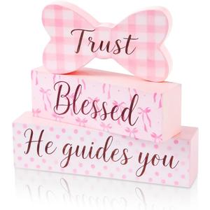 Pink Bow Wooden Tabletop Decor, Trust Blessed He Guides You Block Sign, Farmhouse Rustic Centerpiece for Table Shelf, Easter Christian Faith Home Decoration, Inspirational Gift for Women