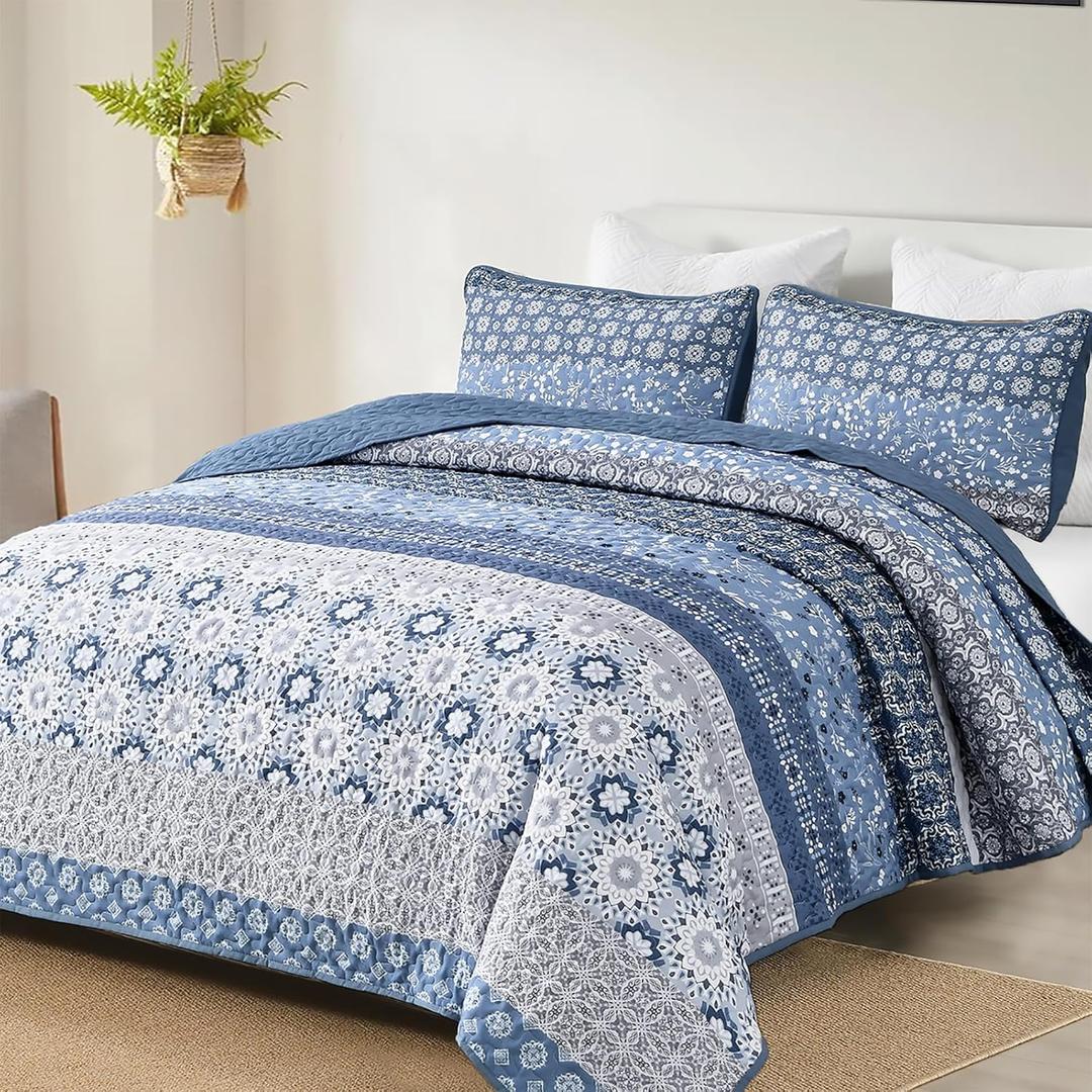 WONGS BEDDING Boho Quilt Set Queen, Blue Bohemian Striped Patchwork Summer Bedspread Coverlet Set with 2 Pillowcases, Lightweight Microfiber Floral Bedding Set 96"90"