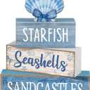 Moucuny 4 Pcs Nautical Beach Decor Shell Tiered Tray Decoration Blue Bow Table Centerpieces Summer Rustic Decorative Block Signs Gift Farmhouse Table Sign for Home Kitchen Shelf