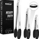 Kitchen Tongs with Silicone Tips, Heat Resistant 600 Degrees All Metal handle Locking Tongs For Cooking with Rubber Tips, Heavy Duty Stainless steel Food Tongs, Set of 3-7" 9" & 12" Black