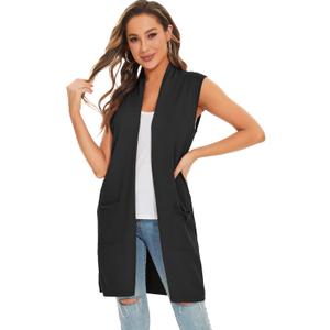 Moss Rose Women's Long Knit Cardigan Vest Casual Sleeveless Open Front Draped Duster Vest  (X-Large, (Pocket)black)