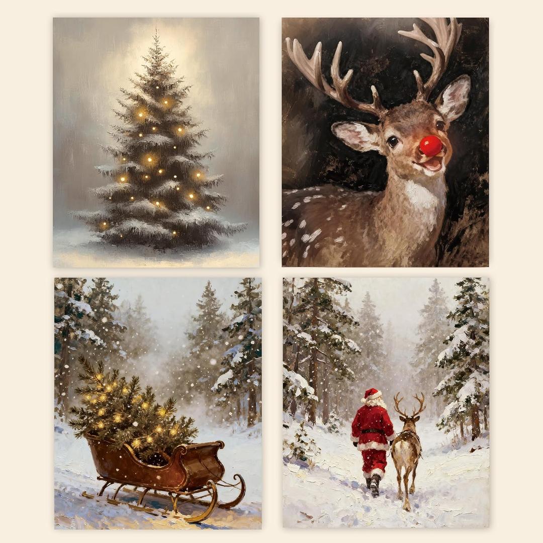 3 x Poecinvi Winter Christmas Wall Art Prints Set of 4, Rustic Christmas Decor, Winter Xmas Tree Sleigh Reindeer Santa Posters Pictures Wall Decor for Home Bedroom Living Room Office, 8x10 Unframed