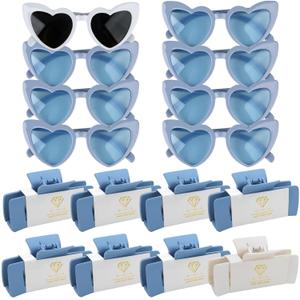 16pcs Bridesmaid Proposal Gifts 4.1inch square Bachelorette hair Claw Clip heart Sunglasses set of 16 Girls Trendy gift for Wedding Party Favors(16pcs White&Dusty Blue)