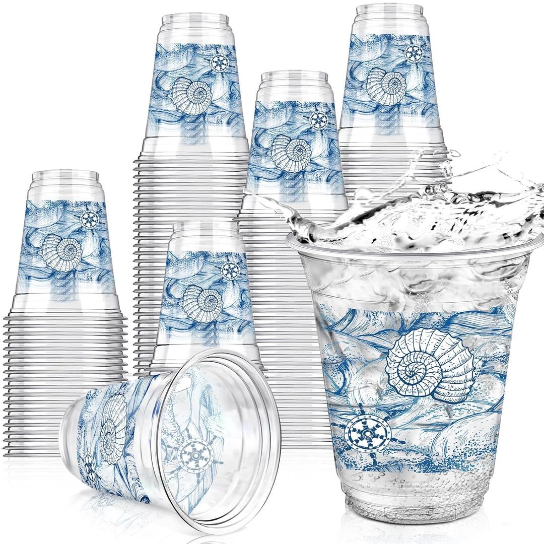 Hushee 50 Pcs Ocean Themed Plastic Beach Cups 12 oz Reusable Sea Turtle Cups Summer Sea Birthday Decorations Ocean Themed Party Favors for Animal Birthday Tea Beach Party Supplies