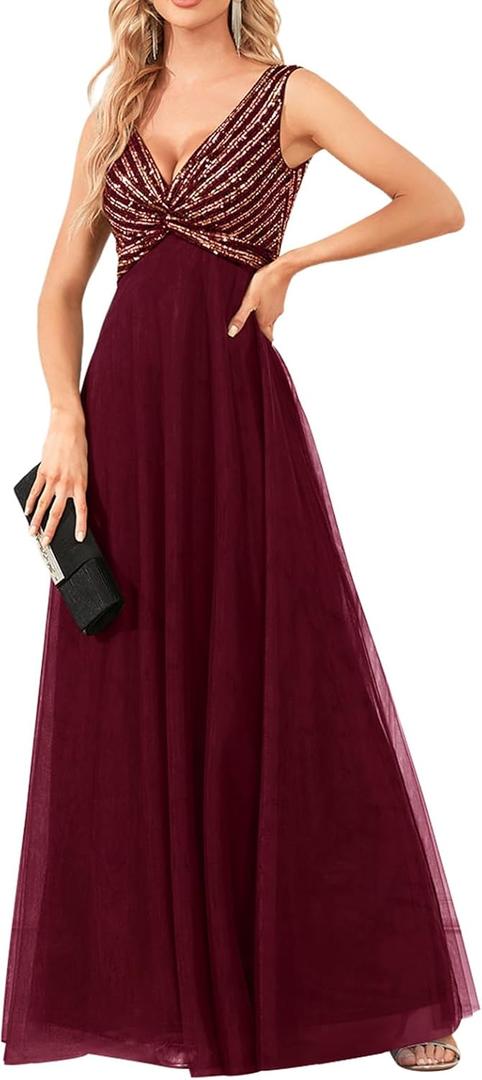 Women's Sequin Sparkly Dresses Evening Gowns Tulle Long Empire Waist Twist Formal Wedding Guest Party Maxi Dress (Burgundy) S