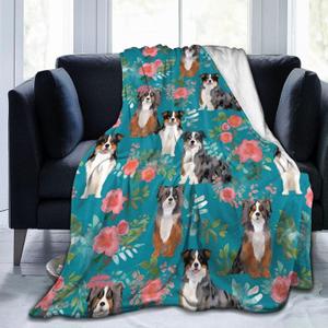 Australian Shepherd Dogs Flowers Fleece Throw - Lightweight, Super Soft, Cozy Bed - Warm Blanket for Living Room/Bedroom - All Season (50"x40")