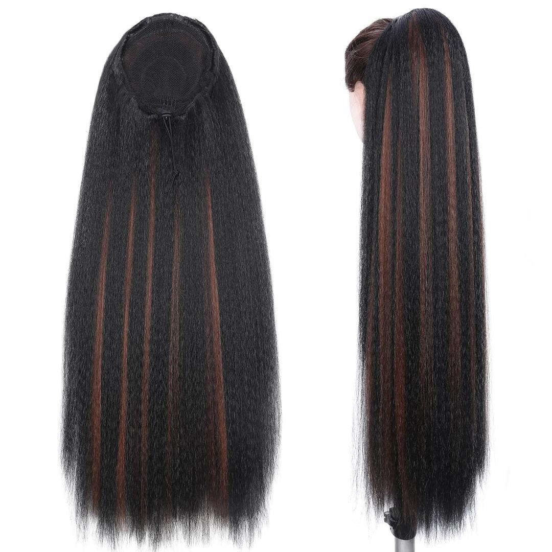 WIGNEE 28 Inches Kinky Straight Ponytail Extension Synthetic Drawstring Ponytail For Black Women Yaki Pony Tails Hair Extensions (28 Inches, 1B/30 Highlights)
