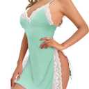 Lilosy Sexy High Split Side Trim Floral Lace Dress Lingerie Nightgown Babydoll Set 2 Piece, XL