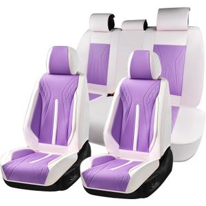 Huidasource Car Seat Covers Full Set, Universal Fit for Most Cars SUV Trucks, Full Coverage Nappa Leather Seat Cover, Airbag, Cupholder Compatible, Seat Function Retain, White&Purple