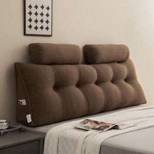 King Size Headboard Pillow,Dorm Headboard Pillow King,with Neck Roll Pillow,with Two Large Side Pockets Removable Cover,for Bed Rest Reading Wedge Headboard Pillow,Teddy Velvet/Dark Brow