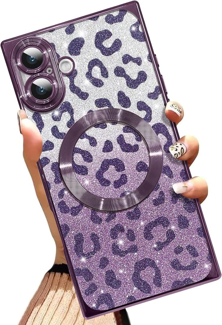 AIGOMARA Phone Case for iPhone 16 Plus [Compatible with MagSafe] Leopard Print Design Glitter Bling Case Shockproof Scratch-Resistant Soft TPU Cover for Women - Purple