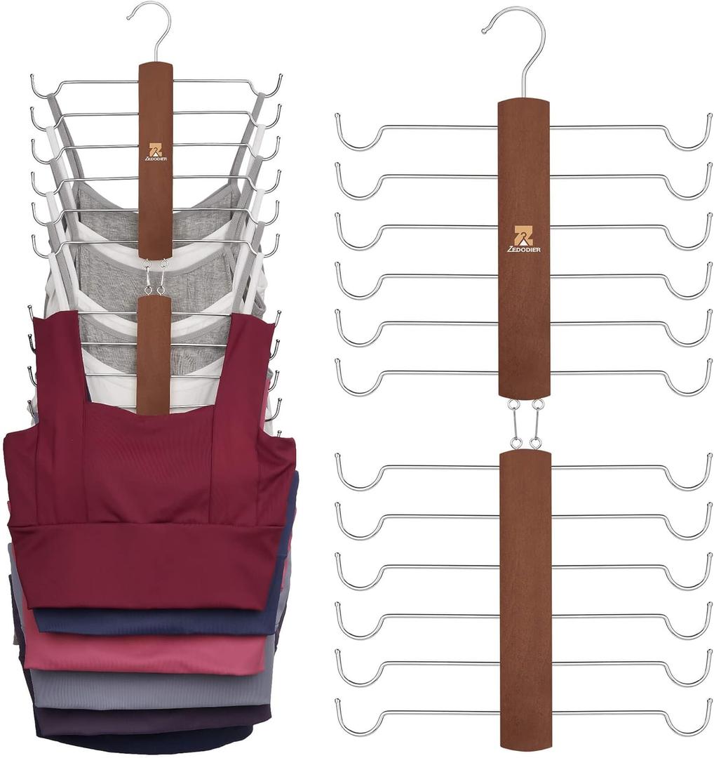 ZEDODIER Tank Top Hanger，2 Pack Wooden Bra Organizer for Closet, 12 Storage Capacity, Top 360° Rotation, Hanging Space Saving Hook for Tank Tops, Sport Bras, Camisoles, Lingeries, Vintage