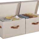 StorageWorks Fabric Storage Bins with Lid, Decorative Storage Boxes for Shelves, Stackable Closet Organizer Basket with Handles, Large, Brown and Beige, 2-Pack