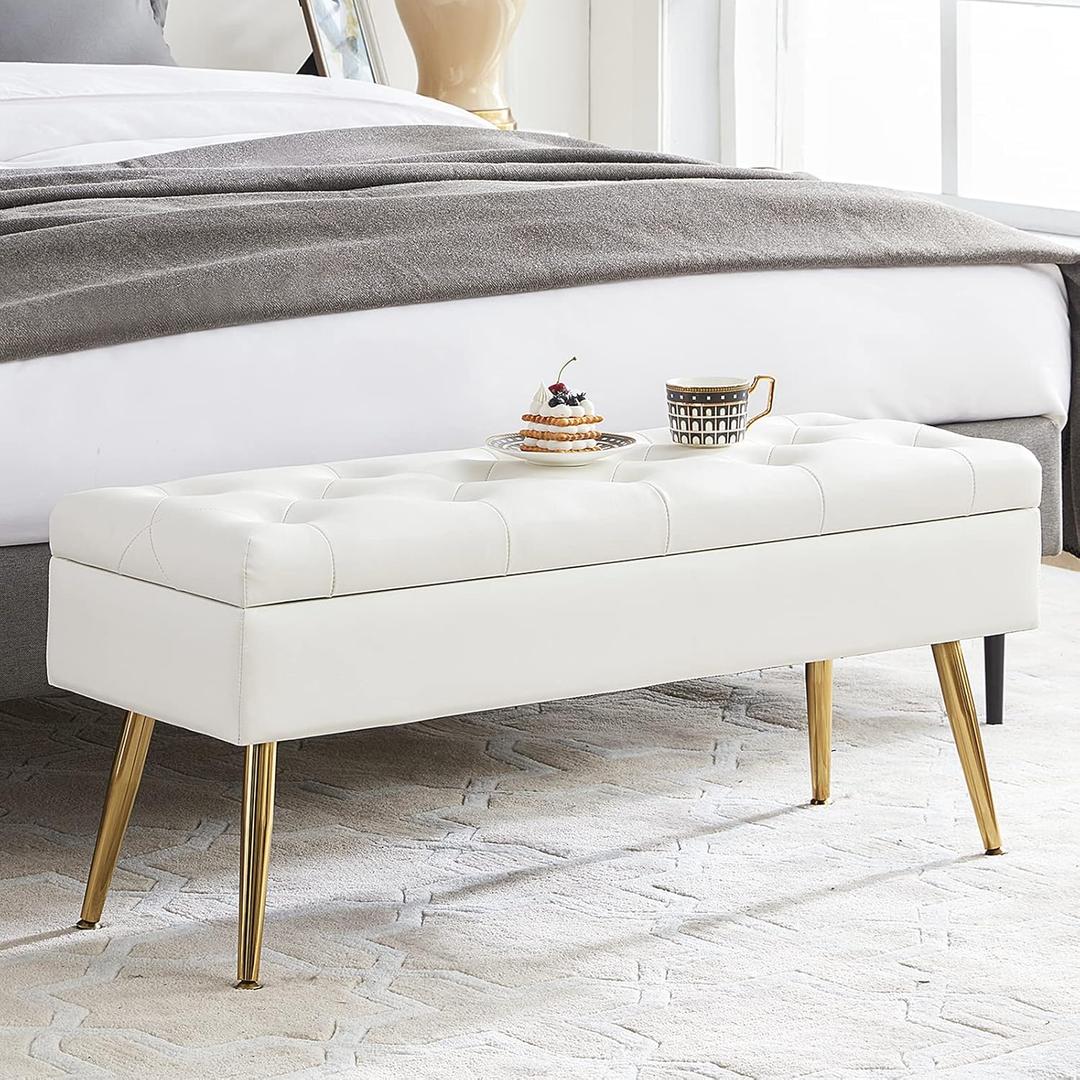 Storage Ottoman Bench with Storage White Bench for Bedroom End of Bed White Leather Bench
