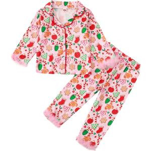 Baby Girl Christmas Pajama Sets Long-Sleeve Button Down Fur Trim Shirt Matching Pants 2 Piece Lounge Set Sleepwear (12-18 Months, Pink)