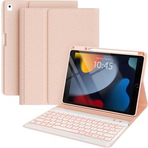 Keyboard and Case for iPad 7th/8th/9th Generation 10.2-inch 2018/2020/2021, iPad Air 3 2019, 2017 iPad Pro 10.5-inch Case with Pencil Holder, Detachable Wireless BT Keyboard, Tablet Smart Cover(Pink)