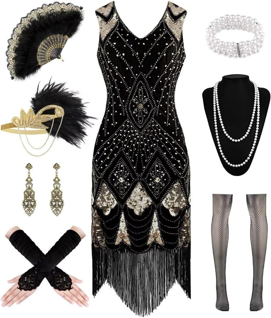 1920S Women Flapper Dress V Neck Sequin Fringed Dress Cocktail Dress with Roaring 20s Accessories (Medium, Black-gold)