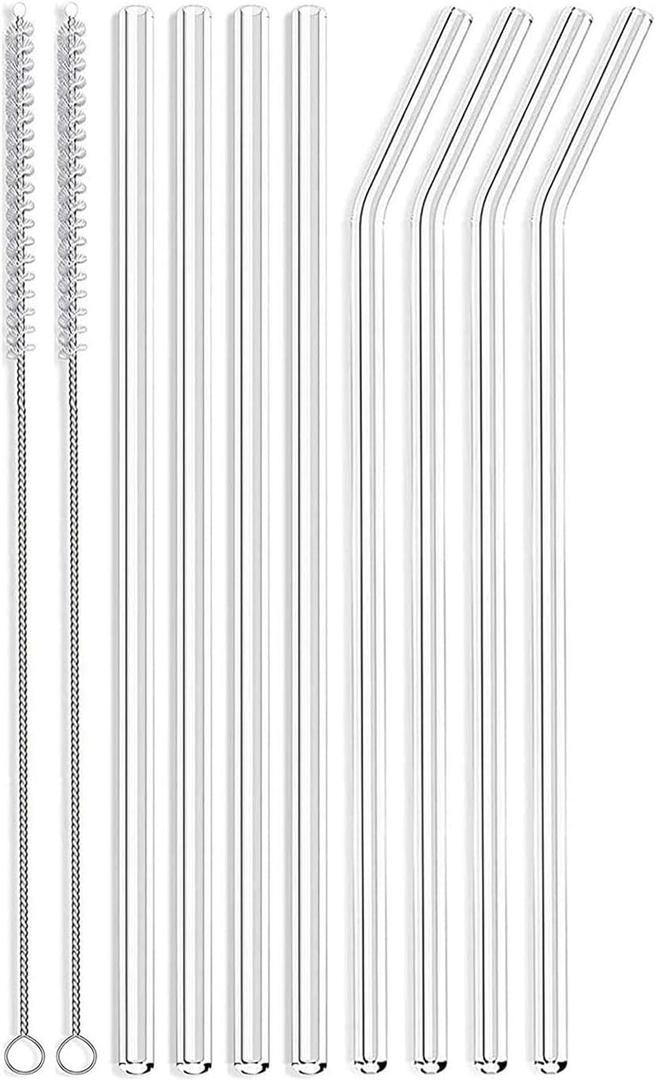 ALINK Skinny Clear Glass Straws, 10.5" x 7 mm Long Reusable Drinking Straws for 30 oz 20 oz RTIC/YETI Stanley Tumblers, Mason Jars, Pack of 8 with 2 Cleaning Brush