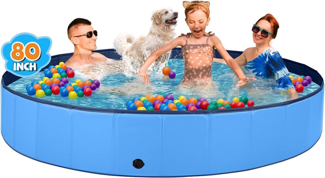 Jecoo Dog Pool for Large Dogs Kiddie Pool Hard Plastic Foldable Dog Bathing Tub Portable Outside Kids Swimming for Pets and Dogs Outdoor Backyard (Blue, XXXL-80)