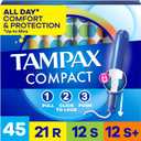 Tampax Compact Pearl Tampons for Women Multipack, with LeakGuard Braid & Extendable Applicator, Regular/Super/Super Plus Absorbency, Compact Extendable Applicator, Unscented, 45 Count