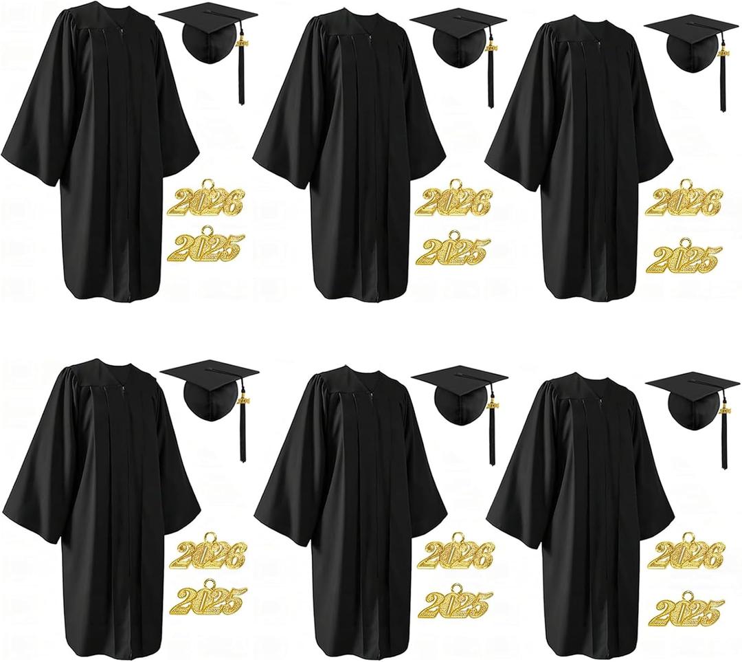6Pcs Unisex Matte Graduation Cap and Gown 2025 2026 with Tassel for High School and College Graduation Size 42(4'9"-4'11")