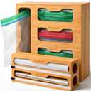 Bamboo Food Storage Bag Organizer for Drawer with Foil & Plastic Wrap Dispenser  4 in 1 Premium Kitchen Drawer Organizer for Gallon, Quart & Sandwich Bags
