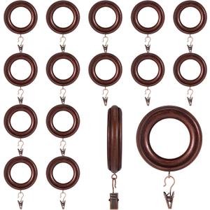 16 Pack Curtain Rod Rings Wooden with Drapery Clips 3 Inch Outer Diameter Retro Brown Beech Wood Carved Drapes Rings 1.8 Inch Interior Diameter for 1-1.5 Inch Curtain Rod Pole