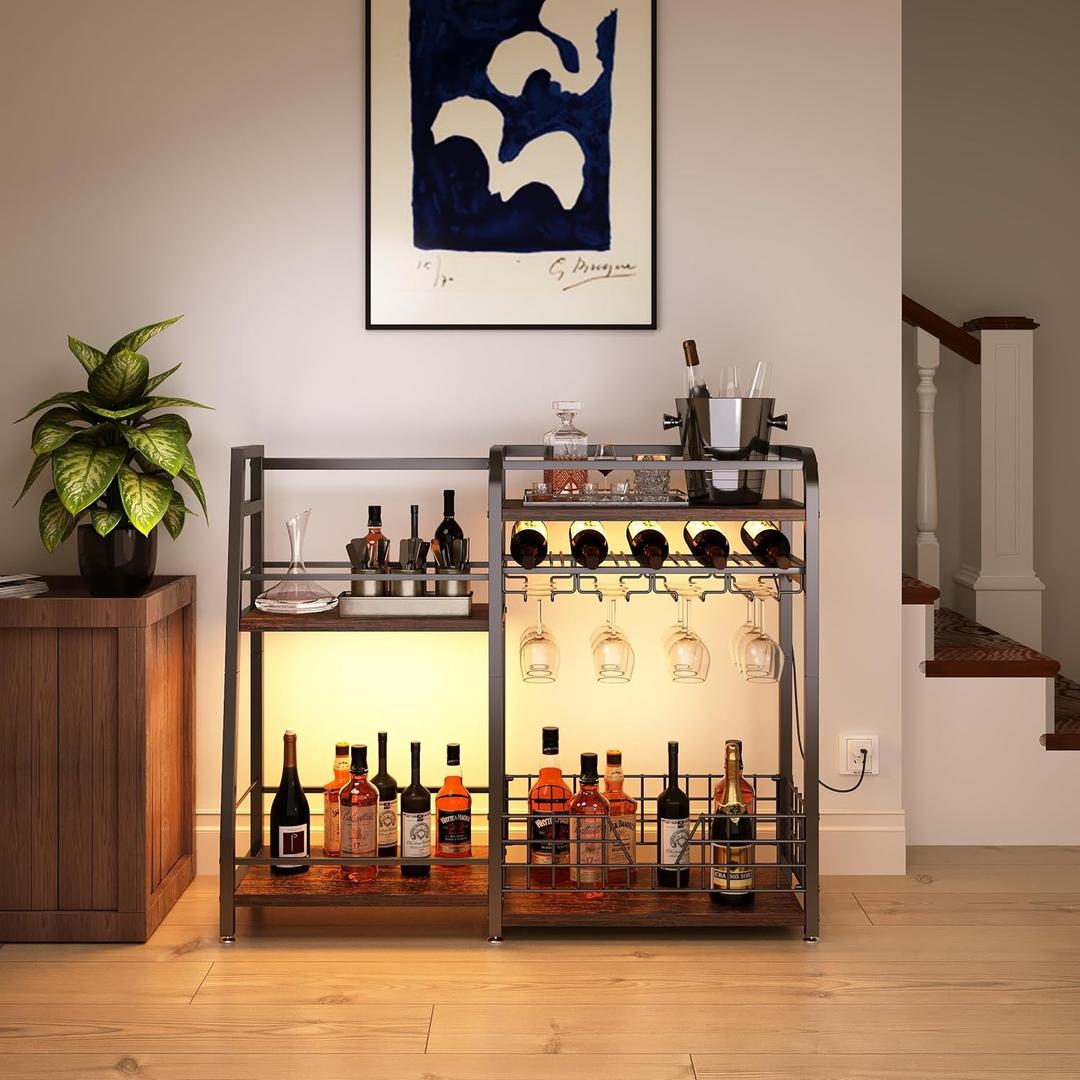 Bar Rack with Led Lights 4 Rows of Wine Glass Storage Wine Cabinet with Anti-Fall Beam Design Wooden Brown Countertop 29 Inches High Small Wine Cabinet Suitable for Family Kitchen Restaurant