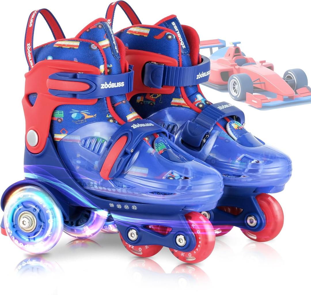 Kids Roller Skates for Beginners - ZOOBLISS Toddler Roller Skates for Boys and Girls Ages 3-7 with Light-Up Wheels & 4 Adjustable Sizes, Tri-Wheel Training Skates for Kids (XS-Small(8C-10.5C US), Racing Blue)