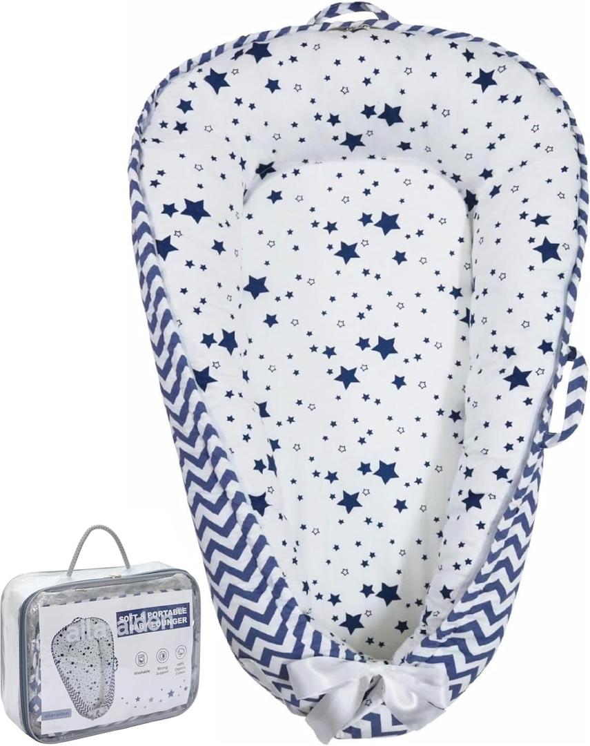 Baby Lounger | Organic Cotton Infant Lounger| Reversible, Adjustable & Portable Floor Lounger |Supervised Use | Soft, Breathable, Washable Cover - Star Collection (Blue)