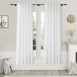 Nanspring White Linen Curtains 70 Inches Long 2 Panels Set Back Tab Rod Pocket Light Filtering Semi Sheer Linen Textured Elegant Farmhouse Airy Privacy Drapes for Bedroom Children Living Room 52x70