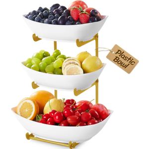 Lifewit Plastic Fruit Bowl Basket for Kitchen Countertop, 3 Tier Fruit Holder with Gold Metal Stand, Serving Tray for Food, Vegetable, Cake, Dessert in Party