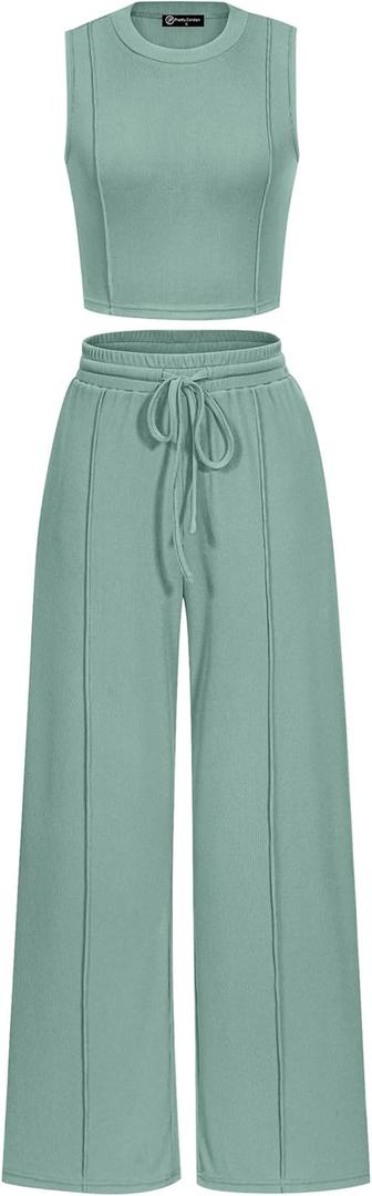 PRETTYGARDEN Women's Summer 2 Piece Loungewear Set Cropped Tank Top Wide Leg Sweatpants Tracksuit Casual Outfits Fruit Green Small
