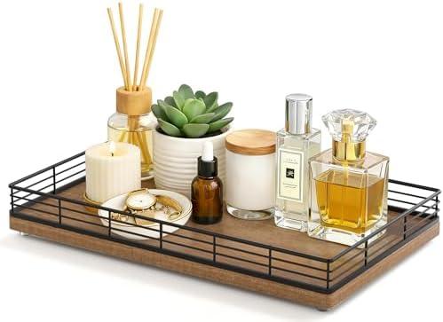 Large Bathroom Vanity Tray – 13" x 8" Acacia Decorative Wooden Tray for Bathroom Countertop & Vanity Organizer, Wood Tray for Perfume, Skincare Accessories Storage Vanity Dresser Decor Black & Acacia