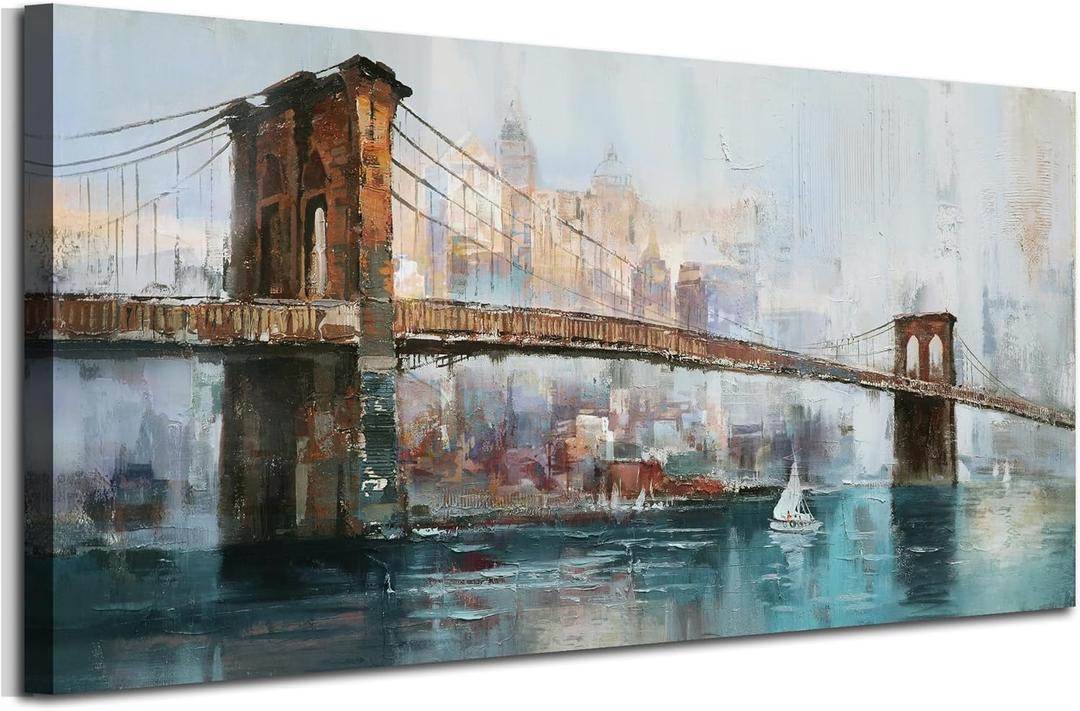Acocifi New York Brooklyn Bridge Canvas Wall Art for Living Room 58"x29", Modern NYC Skyline Painting Abstract Cityscape Picture, Large Textured Artwork Framed for Bedroom Men Office Home Decor