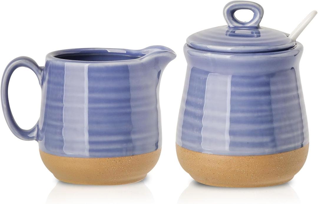 Hasense Sugar and Creamer Set with Lid Spoon, Porcelain Cream Container and Sugar Bowls Set for Countertop, Vintage Coffee Serving Set, Sugar Holder and Creamer Pitcher Set for Home Decor, Purple