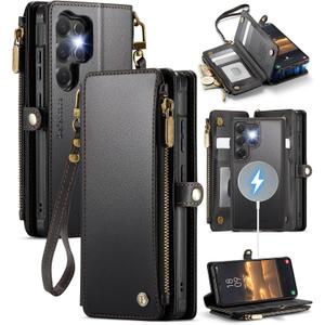 Defencase for Samsung Galaxy S25 Ultra Magnetic Wallet Case Compatible with Magsafe with RFID Blocking Zipper & Card Holder Women, PU Leather Detachable Phone Case for Galaxy S25 Ultra 6.9", Black