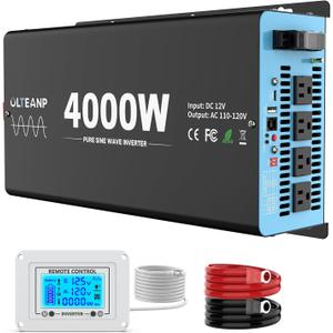 4000 Watts Pure Sine Wave Inverter 12V DC to 110V AC, 8000W Peak Power, 4 AC Outlets, USB & Type-C Port, Adjustable Input for Lithium Battery, RV/Truck/Boat/Solar Backup with LCD Remote