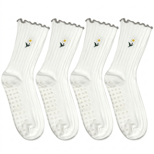 2 xCute Floral Pattern Yoga Socks for Women – Breathable Grip Ankle Socks with Ruffle Top, US Size 5-9 (US, Alpha, One Size, Regular, Regular, White 4 pairs)