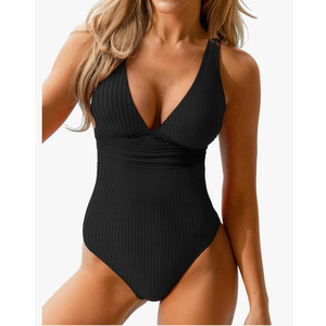 CUPSHE Women's One Piece Swimsuit Wide Straps V Neck Ruched Textured Ribbed Twist Back.Size L