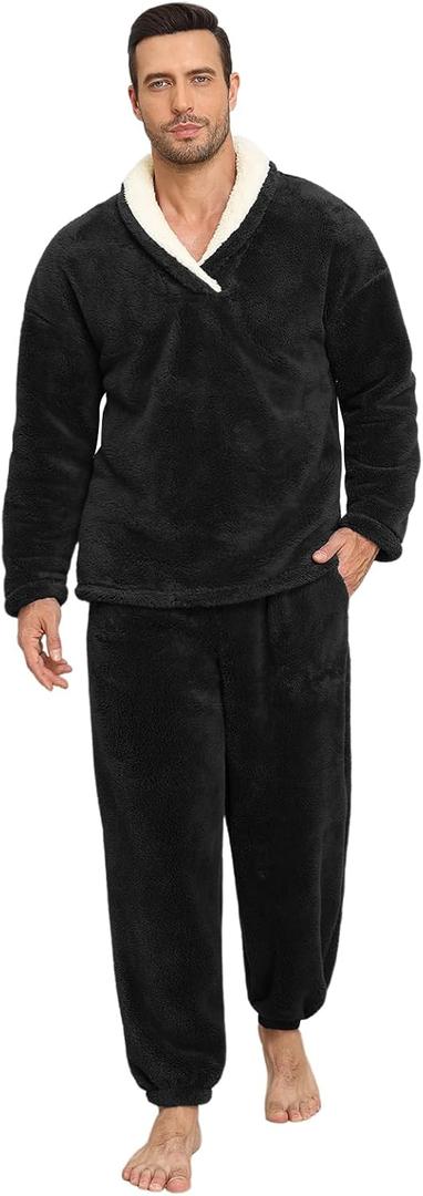 Mens Pajamas Set Long Sleeve Soft Fleece Fluffy Sleepwear Winter Warm Pjs Lounge Sets Flannel Sleepwear with Pockets (Large, Black)