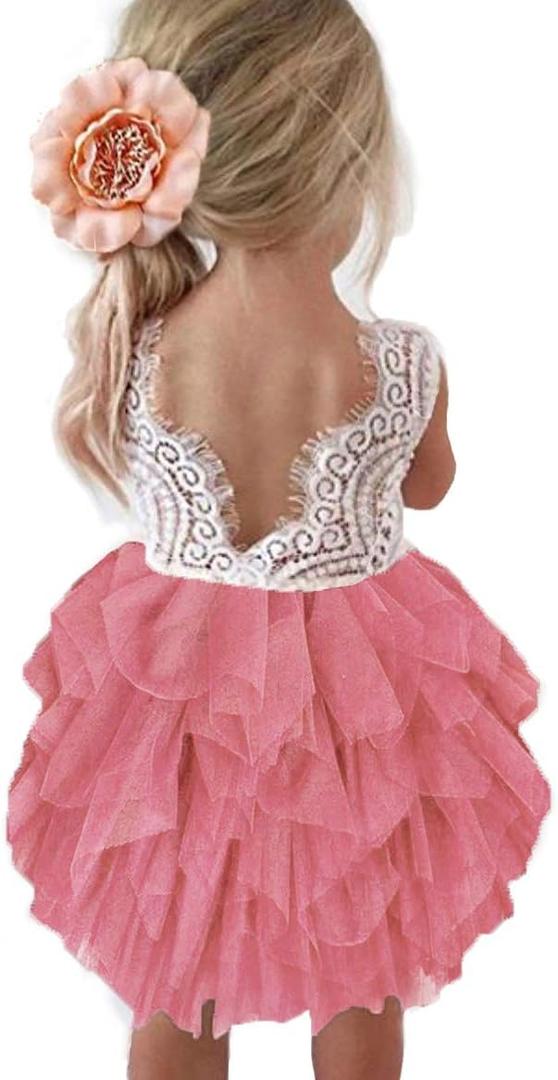 Topmaker Backless A-line Lace Back Flower Girl Dress (6-12 Months, Dusty-rose)