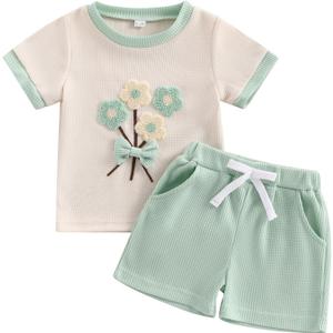 Toddler Baby Girls Summer Outfits Cute Daisy Ruffle Ribbed Short Sleeve T-Shirts Tops Floral Shorts 2Pcs Sets (White) 6-12M