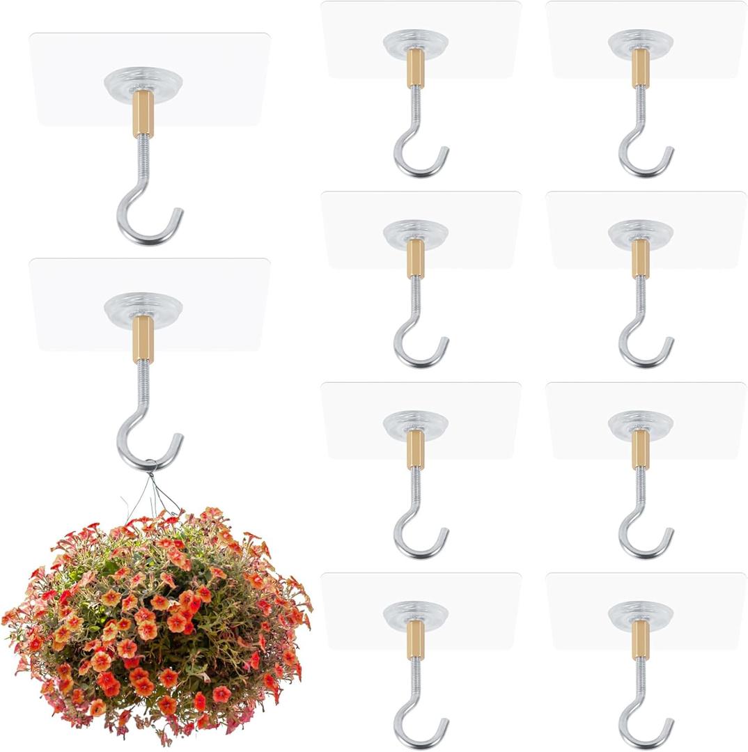 Adhesive Ceiling Hooks 10 Pack,Heavy Duty Sticky Hanger Hold 20 Lbs,No Damage Hanger, No Drill Stick on Hooks for Hanging Plants,Lanterns,Wind Chimes