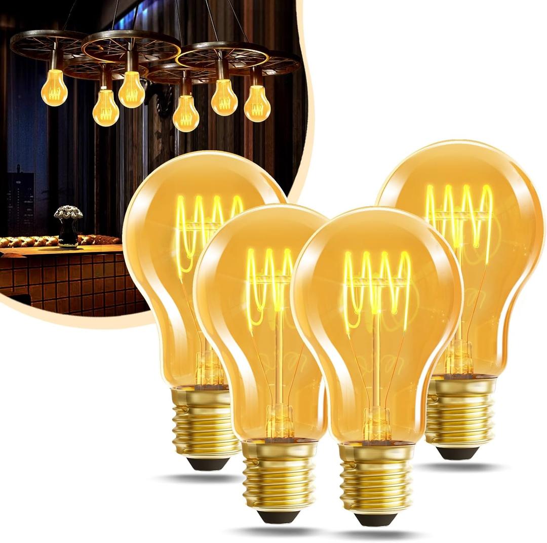 HESSION A19 Vintage LED Edison Bulbs, 4W Equivalent 40W Dimmable LED Bulbs, 400 Lumens 2300K Amber Warm Light Bulbs, E26 Base Decorative Antique Spiral A19 Light Bulb for Light Fixture, Pack of 4