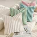 decorUhome Summer Cozy Faux Fur Throw Pillow Covers 12x20 Set of 2 Decorative Soft Plush Striped Lumbar Modern Farmhouse Boho Couch Pillow Cases with Velvet Back for Sofa Bed Living Room, Pink